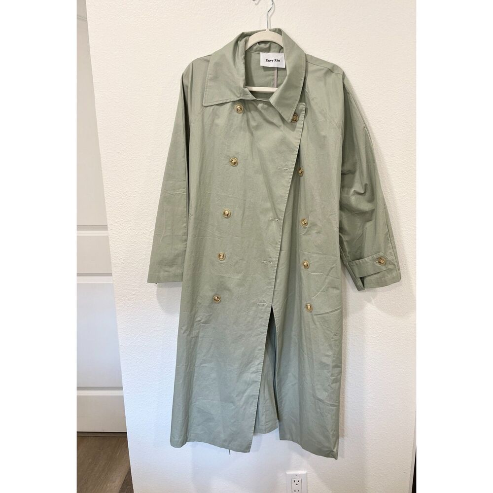100% cotton green trench coat double breasted
